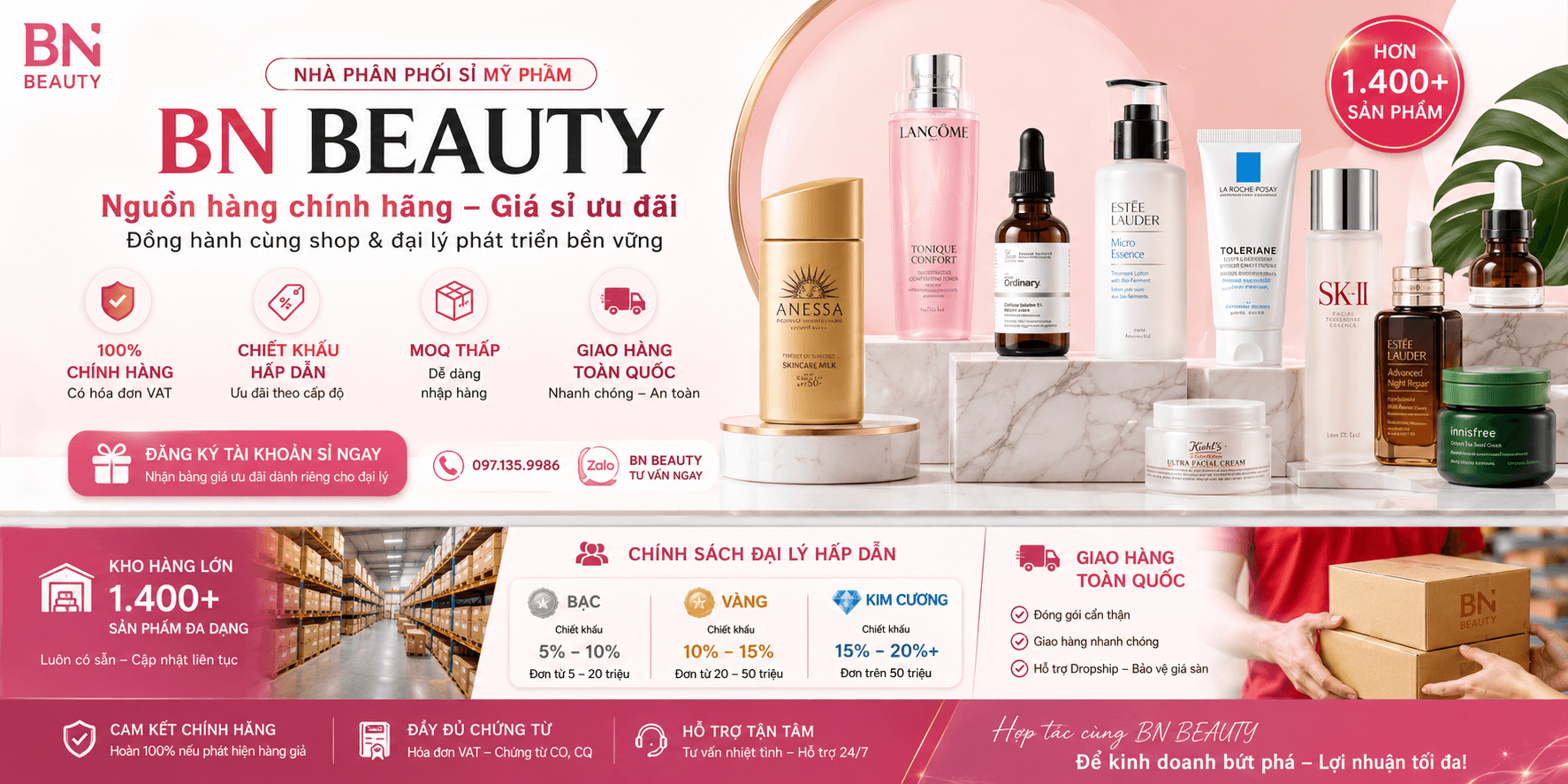 Kho sỉ mỹ phẩm BN BEAUTY hơn 1.400 sản phẩm - chính sách chiết khấu 3 hạng đại lý Bạc, Vàng, Kim Cương, giao hàng toàn quốc