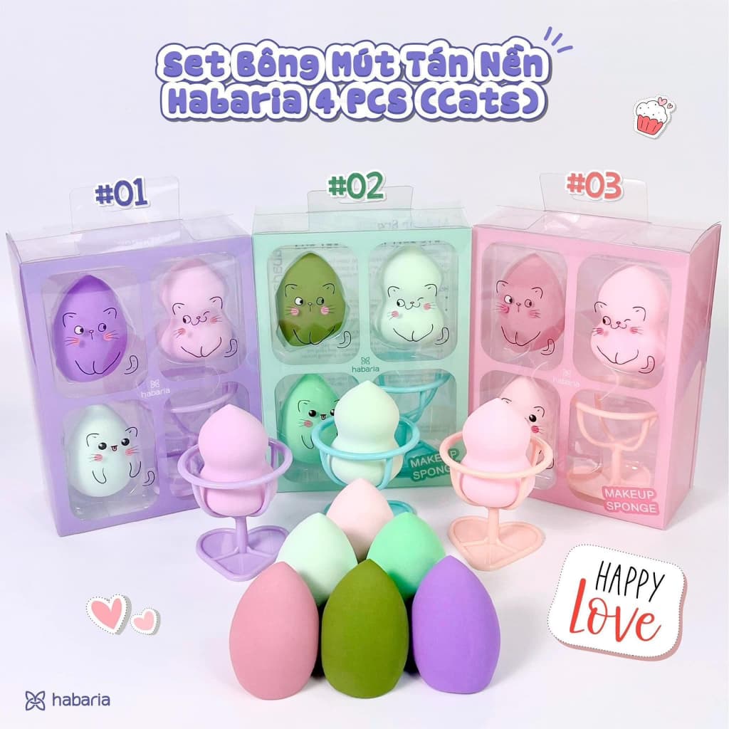 HABARIA - sét 3 bông mút trang điểm kèm giá đỡ