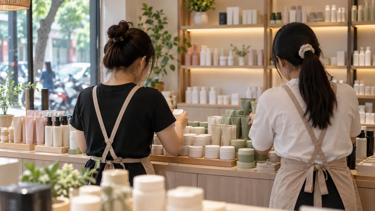 Nhân viên đại lý mỹ phẩm học phân loại sản phẩm tại quầy